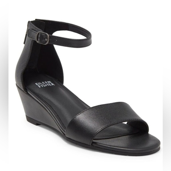 Eileen Fisher Mara Sandal Wedge Black Leather Ankle Strap Back Zip Size 6 - Picture 1 of 6